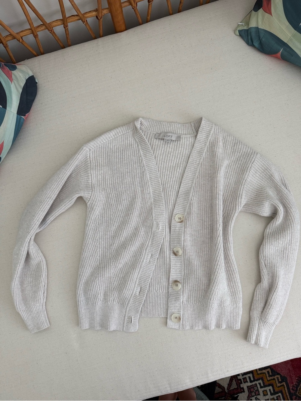 LOFT Cream Ribbed V-Neck Button Cardigan - Picture 4 of 4